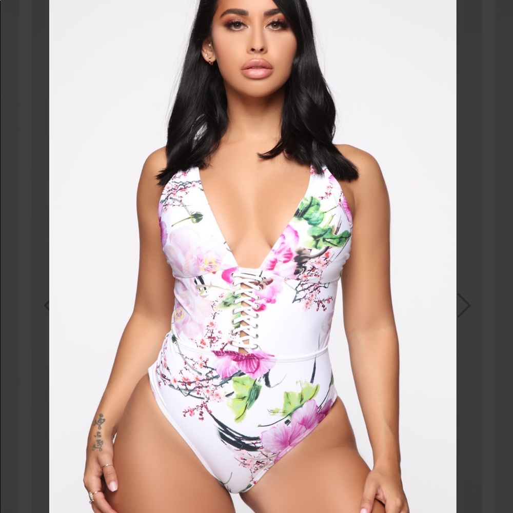 TiniBikini Floral Lace-Up One Piece - White and Pink